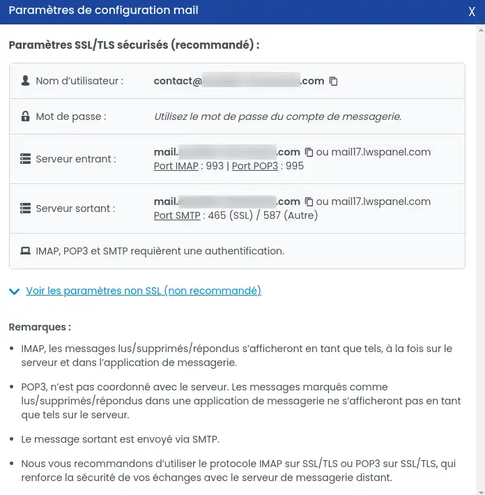 Quels paramètres utiliser pour la configuration d'une adresse email ?