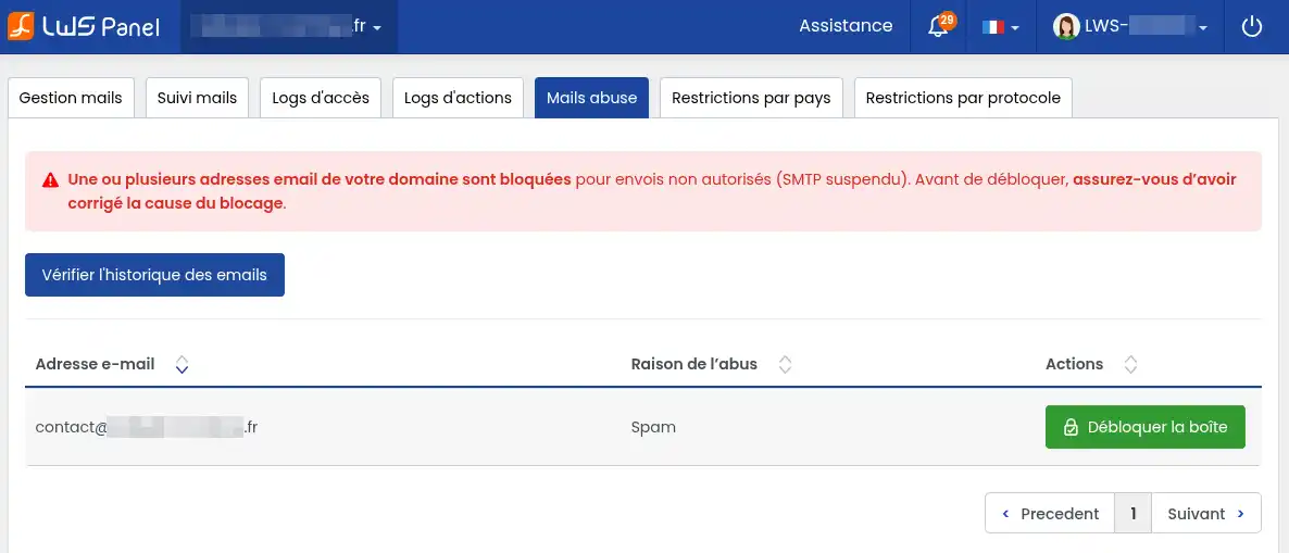 Comprendre et r&eacute;soudre le blocage SMTP pour Mail Abuse sur LWS Panel