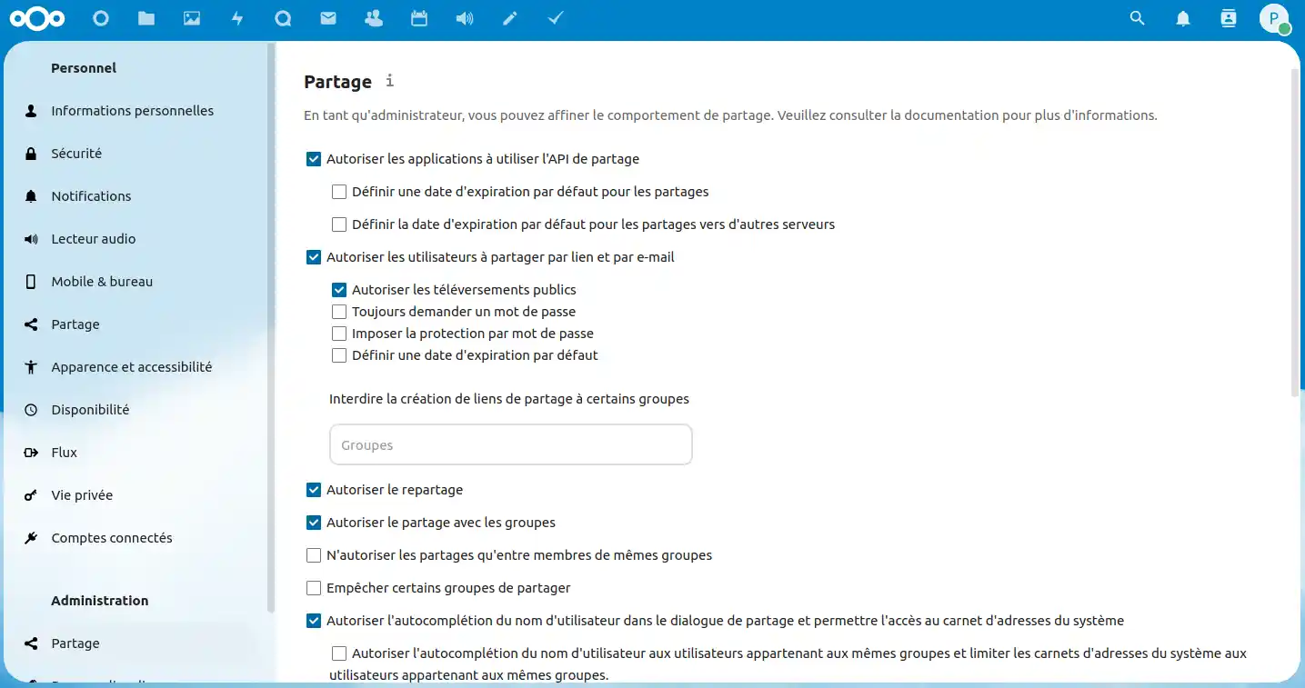 Nextcloud Pro Gestion des paramètres de partage par l'utilisateur manager