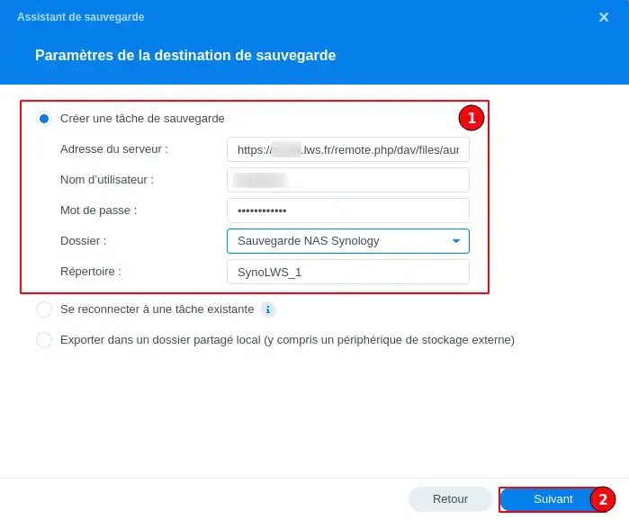 ¿Cómo puedo hacer una copia de seguridad de mi Synology NAS en la nube LWS con WebDAV?