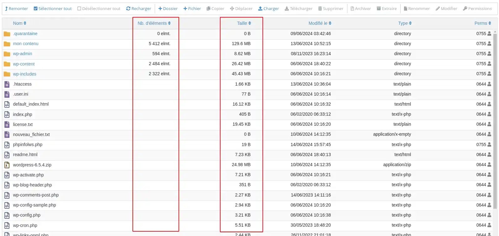 Visualizzare il numero e la dimensione dei file o delle cartelle su un account di hosting.