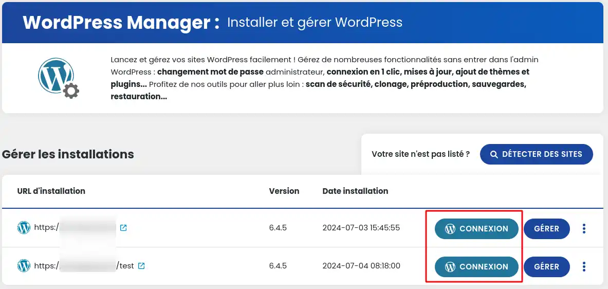 How do I connect to my WordPress site using WP Manager?