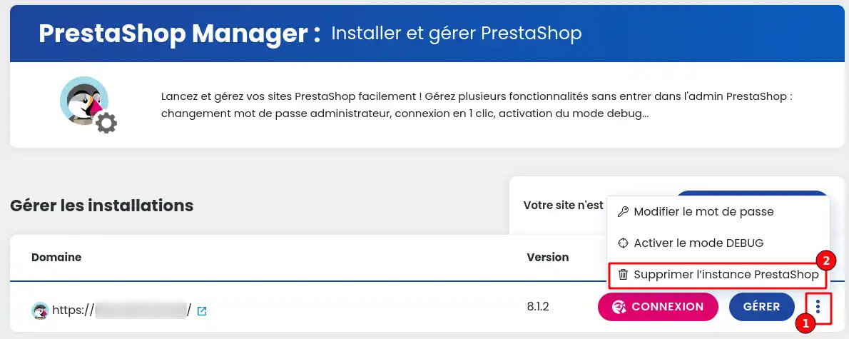 How do I delete my Prestashop site using PS Manager?