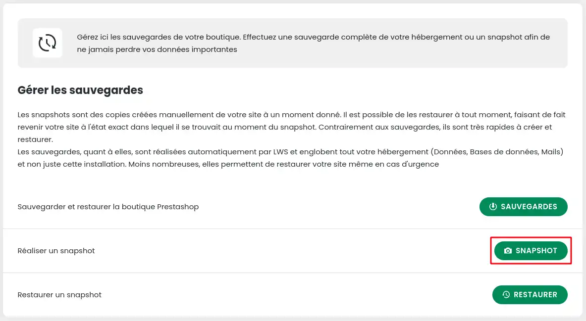 ¿Cómo puedo crear y restaurar instantáneas de Prestashop utilizando el Gestor?