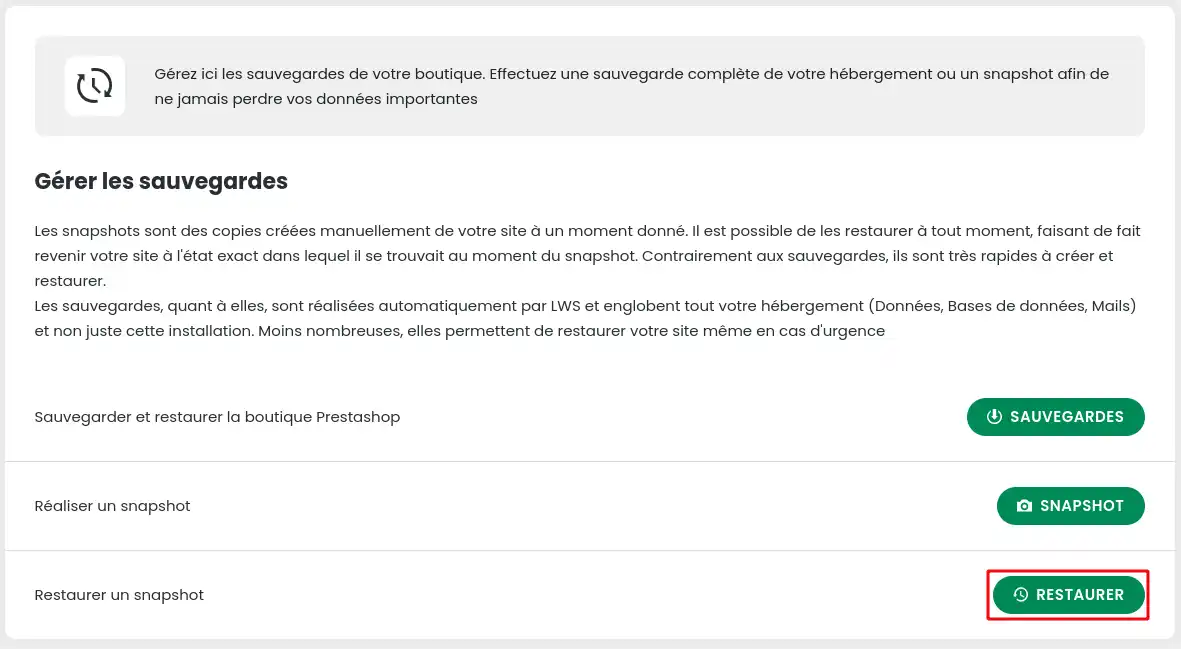 Comment créer et restaurer des Snapshot Prestashop avec le Manager ?