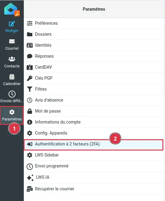 Activer la double authentification (2FA) sur une bo&icirc;te mail LWS dans le webmail