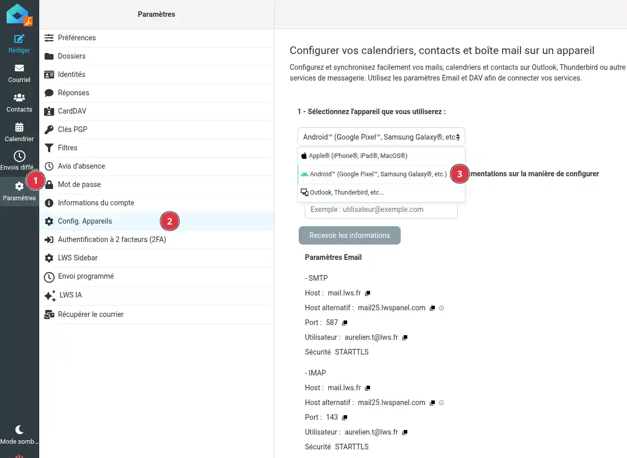 Comment synchroniser calendrier et contacts LWS sur Android ?