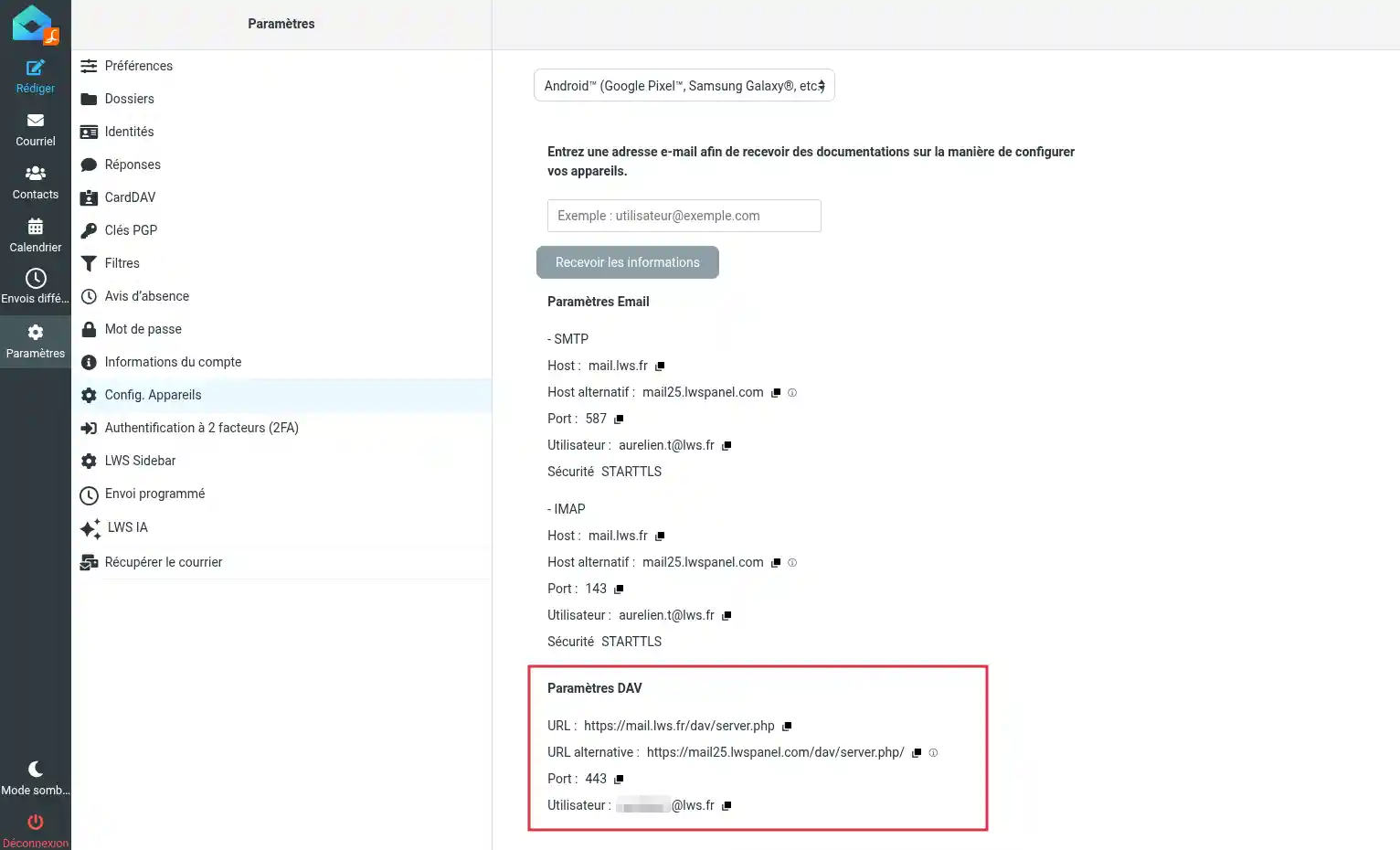 Comment synchroniser calendrier et contacts LWS sur Android ?