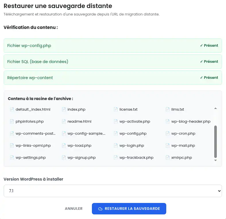 Comment cr&eacute;er et importer une sauvegarde WordPress sur le WPManager