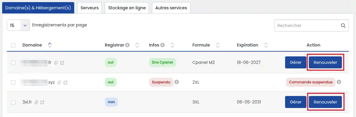 Renouveler un ou plusieurs noms de domaine ou h&eacute;bergements