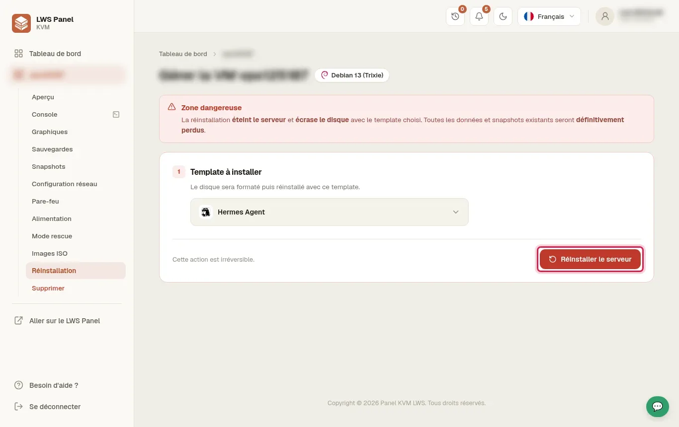 Comment r&eacute;installer un serveur KVM avec Hermes Agent