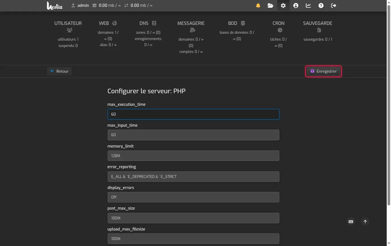 Modifier les param&egrave;tres php.ini sur un VPS HestiaCP