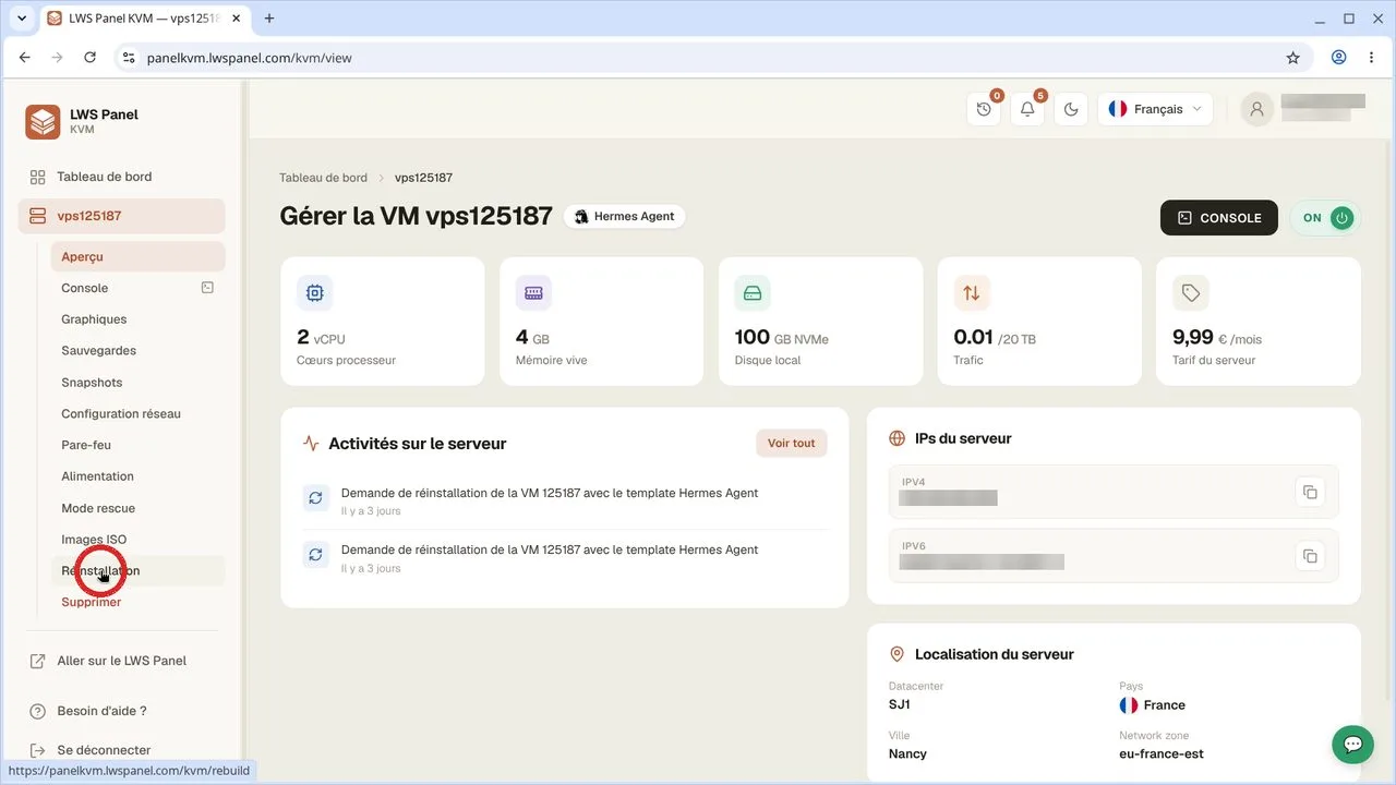 Comment r&eacute;installer son VPS avec OpenClaw depuis l'espace client LWS