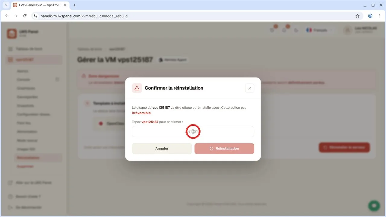 Comment r&eacute;installer son VPS avec OpenClaw depuis l'espace client LWS