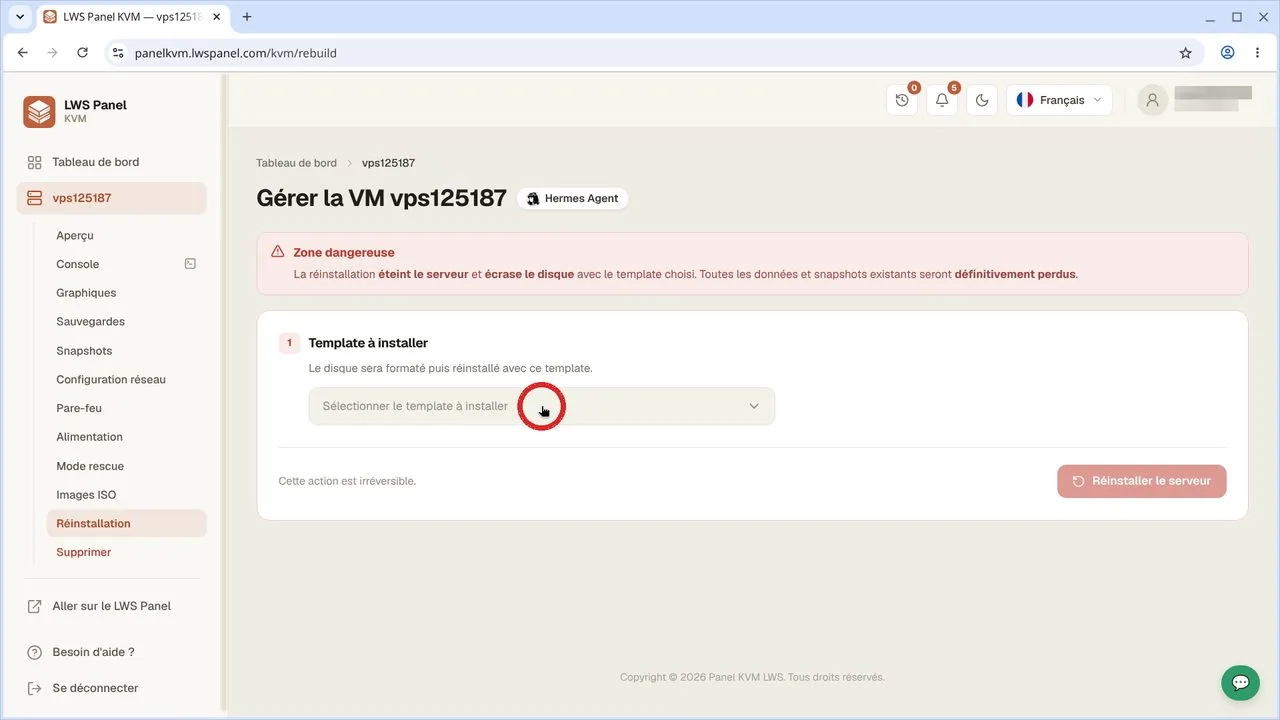 Comment r&eacute;installer son VPS avec OpenClaw depuis l'espace client LWS
