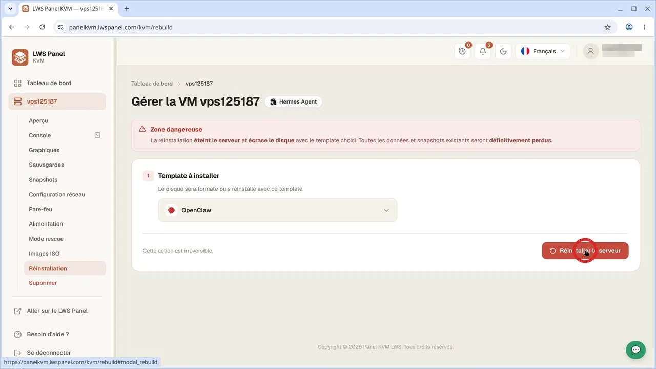 Comment r&eacute;installer son VPS avec OpenClaw depuis l'espace client LWS