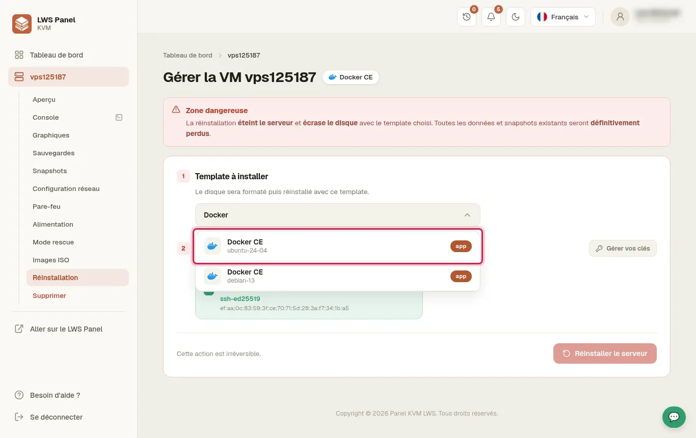 Utiliser le template Docker CE sur votre VPS KVM LWS